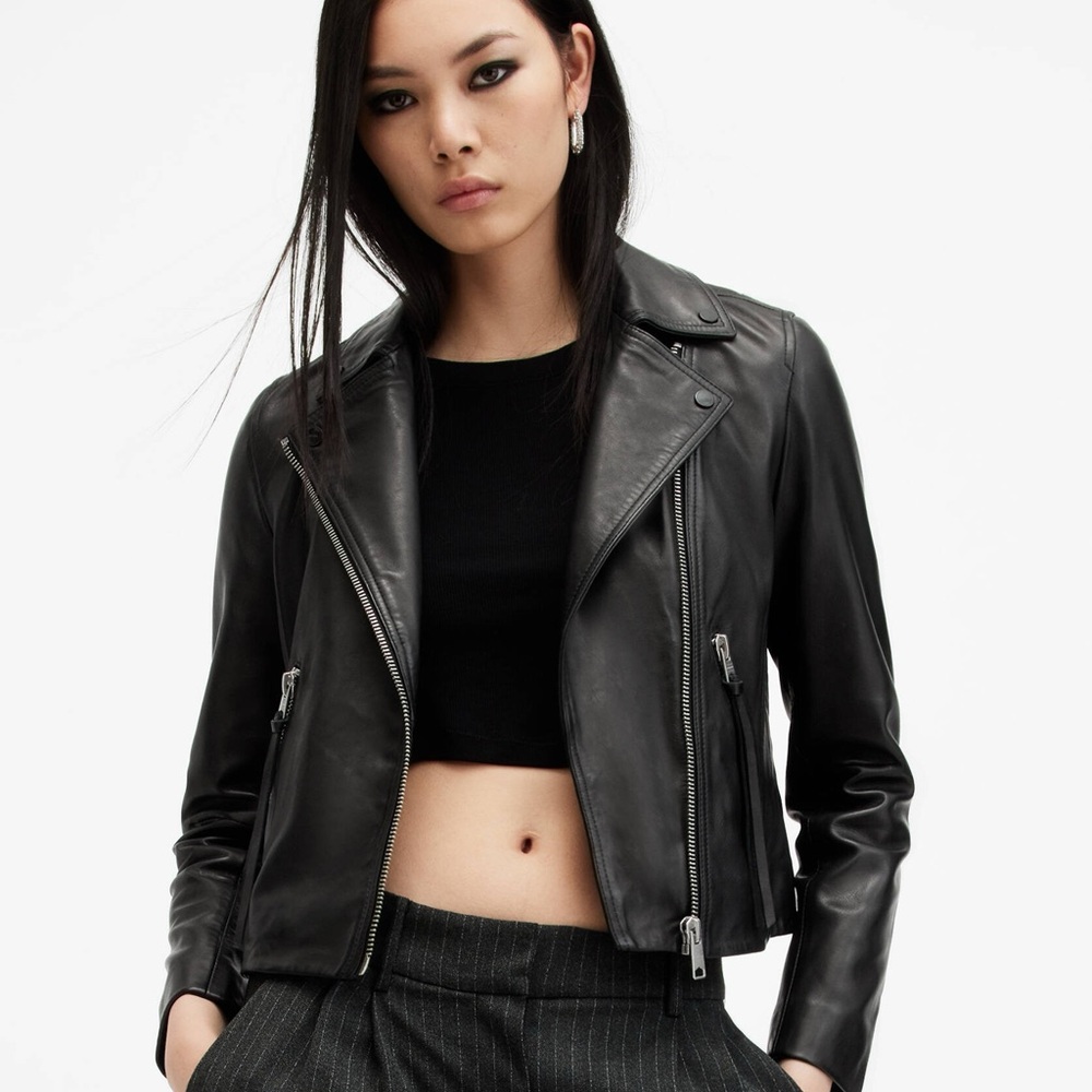 AllSaints Black Leather Cropped Biker Jacket